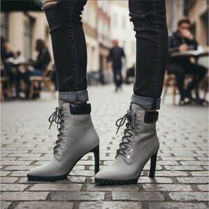 Darker Wavs ✦ Grey Suede Heeled Lace-Up Boots ✦ Charcoal Accents 4" Heel 8 NWT